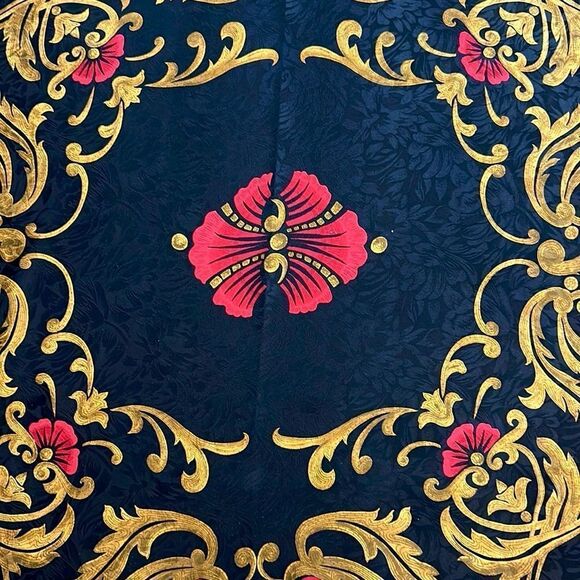 Vtg Linda Allard Ellen Tracy Silk Square Scarf Black Red Gold 35x35” Excellent - Picture 7 of 12